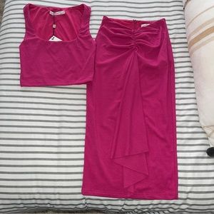 Byegreis Two Piece Barbie Pink Crop Top Midi Skirt Small NWT